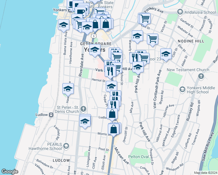 map of restaurants, bars, coffee shops, grocery stores, and more near 180 U.S. 9 in Yonkers