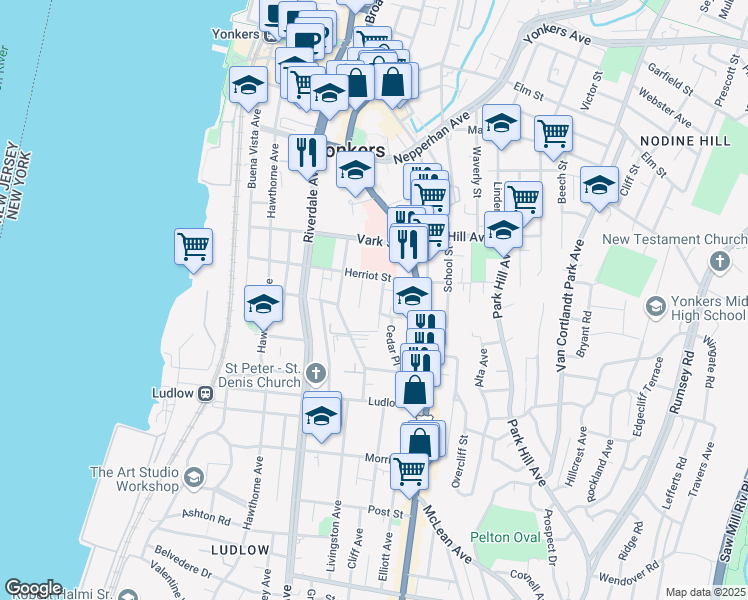 map of restaurants, bars, coffee shops, grocery stores, and more near 35 Caroline Avenue in Yonkers
