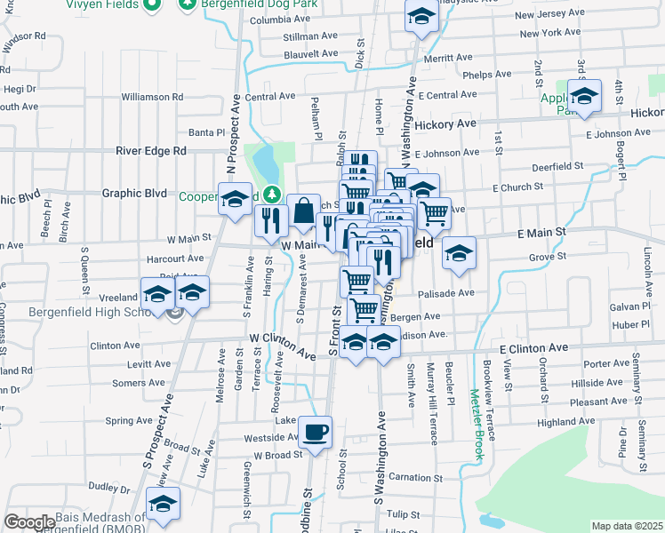 map of restaurants, bars, coffee shops, grocery stores, and more near 72 West Main Street in Bergenfield