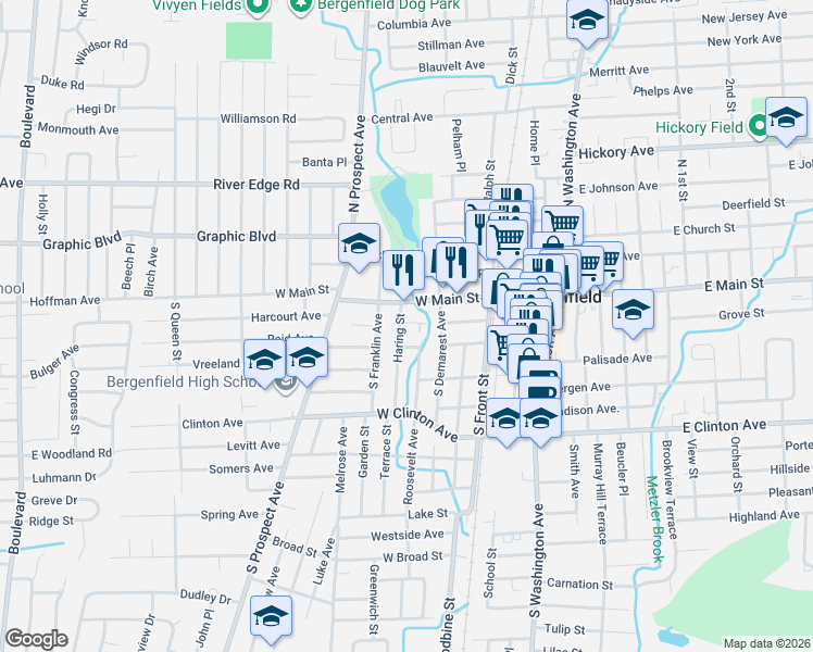 map of restaurants, bars, coffee shops, grocery stores, and more near 140 West Main Street in Bergenfield