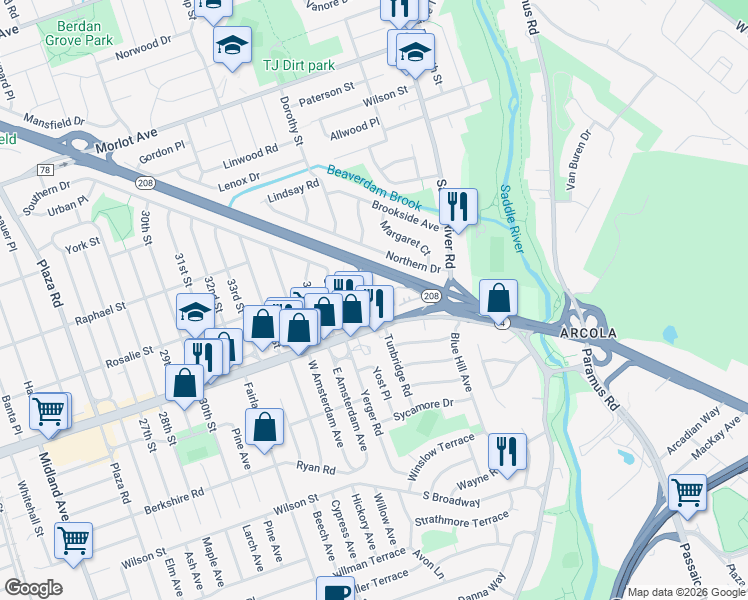 map of restaurants, bars, coffee shops, grocery stores, and more near 3809 Dobrin Court in Fair Lawn