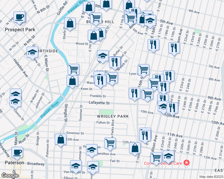 map of restaurants, bars, coffee shops, grocery stores, and more near 41 Rosa Parks Boulevard in Paterson