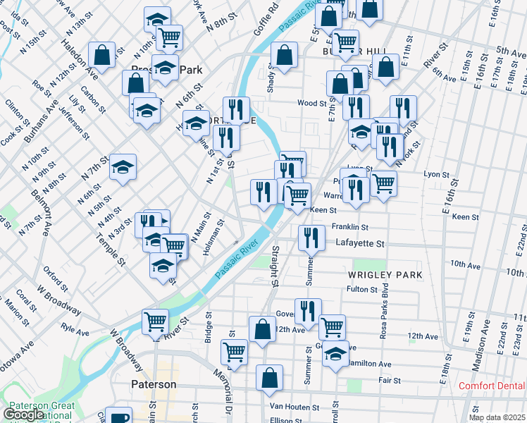 map of restaurants, bars, coffee shops, grocery stores, and more near 9 Watson Street in Paterson