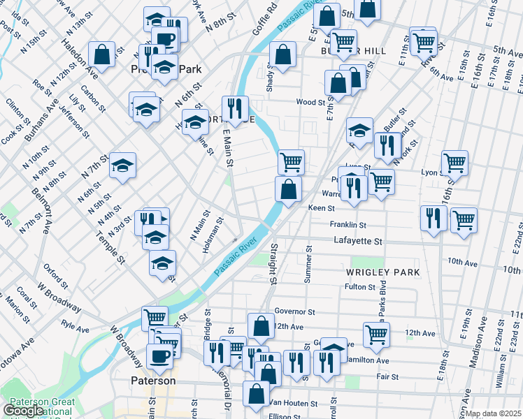 map of restaurants, bars, coffee shops, grocery stores, and more near 10 North Bridge Street in Paterson