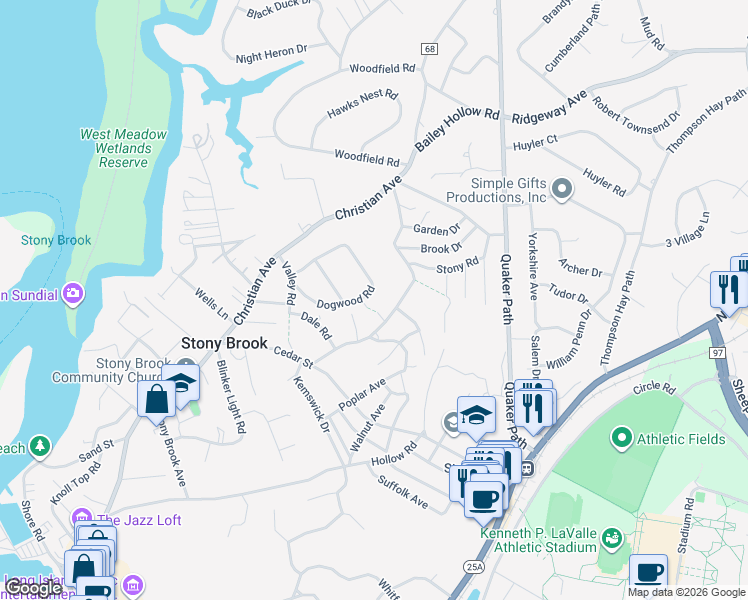 map of restaurants, bars, coffee shops, grocery stores, and more near 14 Dogwood Road in Stony Brook