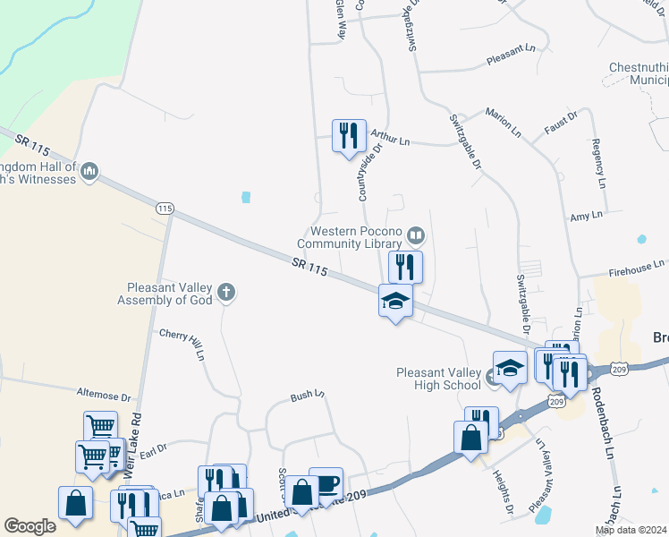 map of restaurants, bars, coffee shops, grocery stores, and more near 2272 Pennsylvania 115 in Brodheadsville