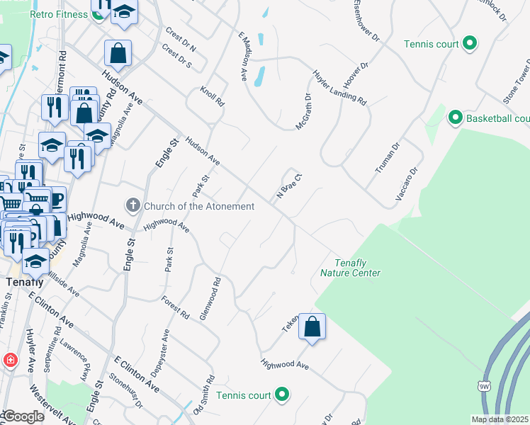 map of restaurants, bars, coffee shops, grocery stores, and more near 55 Hudson Avenue in Tenafly