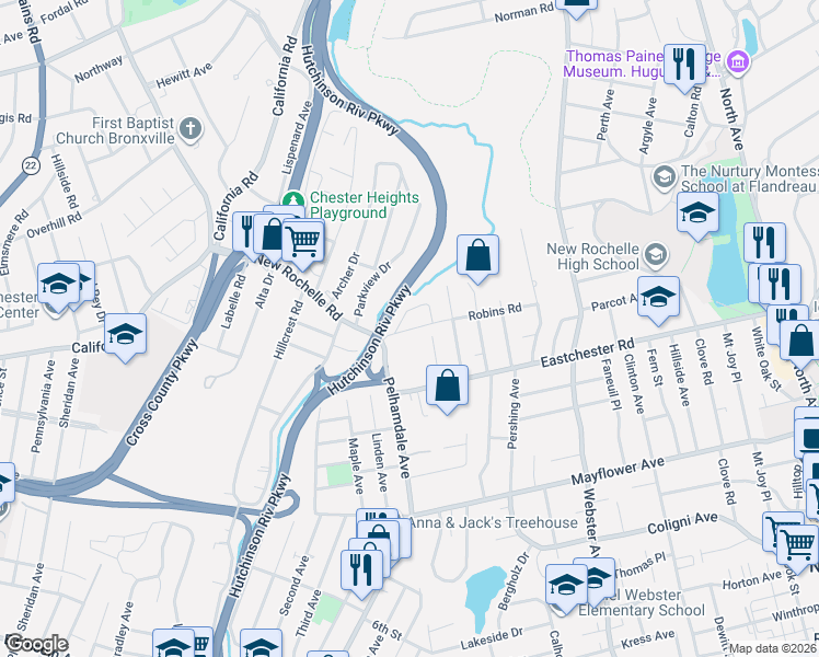 map of restaurants, bars, coffee shops, grocery stores, and more near 61 Robins Crescent in New Rochelle