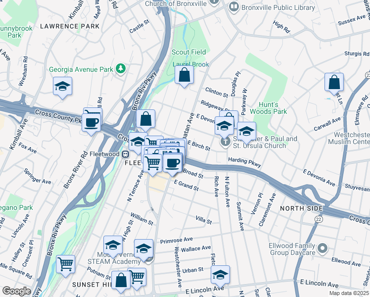 map of restaurants, bars, coffee shops, grocery stores, and more near 12 East Birch Street in Mount Vernon