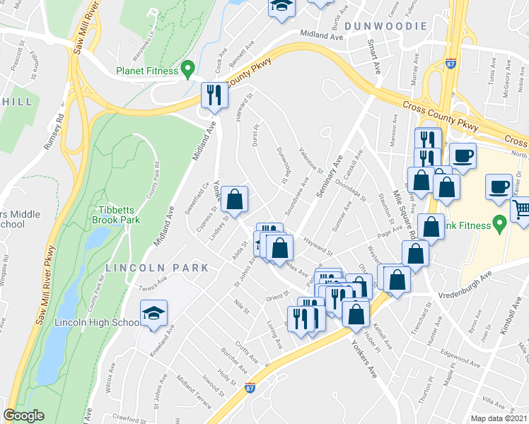 map of restaurants, bars, coffee shops, grocery stores, and more near 83 Dunwoodie Street in Yonkers
