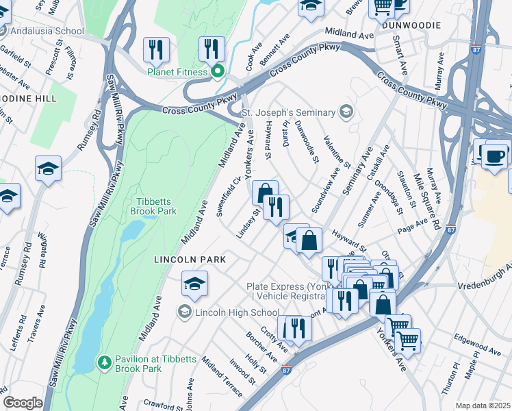 map of restaurants, bars, coffee shops, grocery stores, and more near 590 Yonkers Avenue in Yonkers
