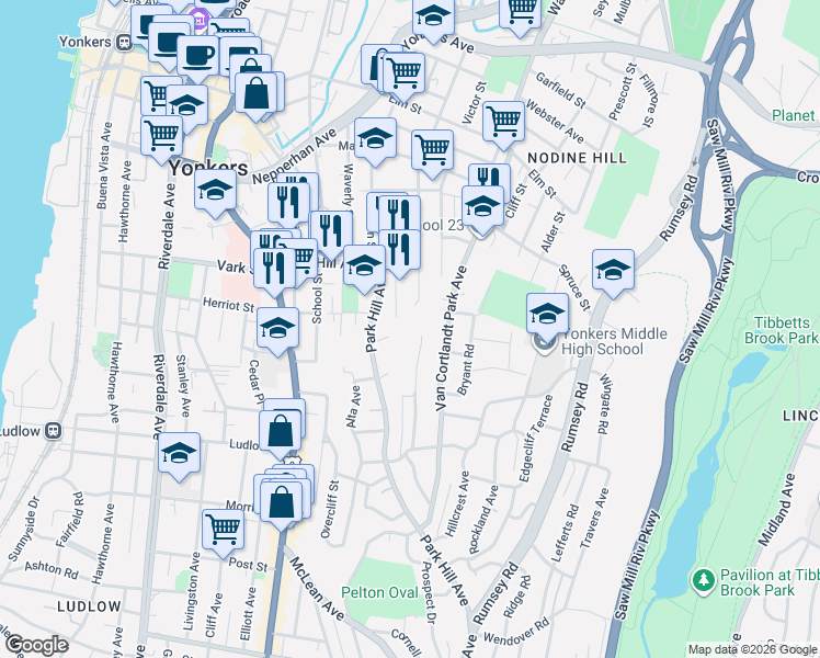 map of restaurants, bars, coffee shops, grocery stores, and more near 232 Willow Street in Yonkers