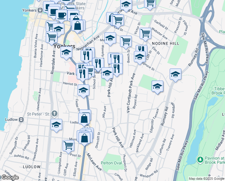 map of restaurants, bars, coffee shops, grocery stores, and more near 232 Willow Street in Yonkers