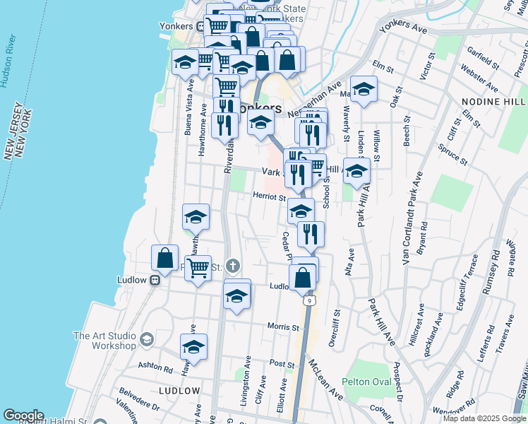 map of restaurants, bars, coffee shops, grocery stores, and more near 64 Jackson Street in Yonkers