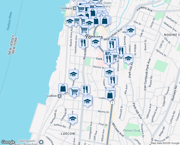 map of restaurants, bars, coffee shops, grocery stores, and more near 64 Jackson Street in Yonkers