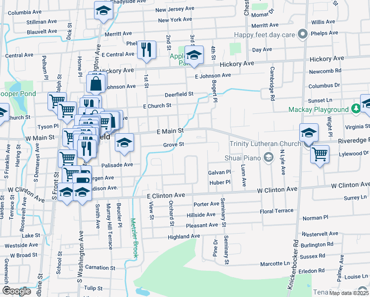 map of restaurants, bars, coffee shops, grocery stores, and more near 93 Grove Street in Bergenfield