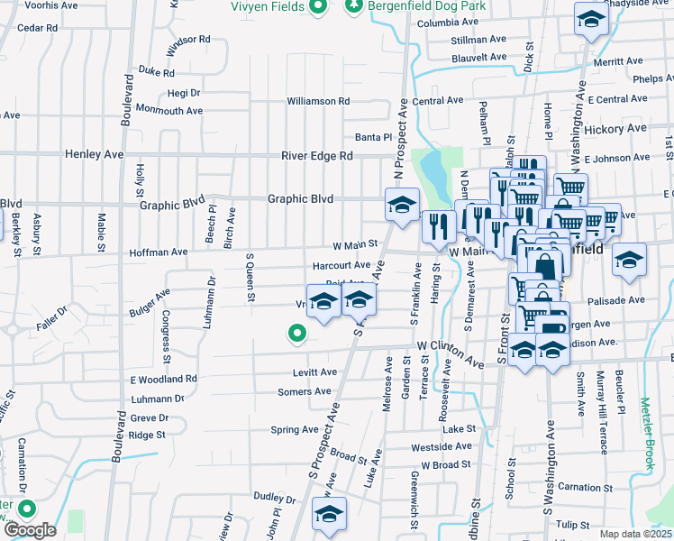 map of restaurants, bars, coffee shops, grocery stores, and more near 41 Harcourt Avenue in Bergenfield