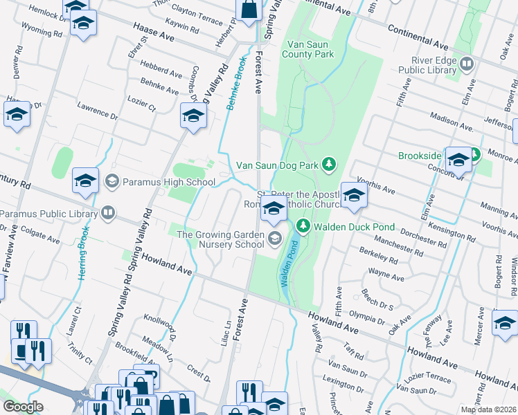 map of restaurants, bars, coffee shops, grocery stores, and more near 164 Village Circle East in Paramus