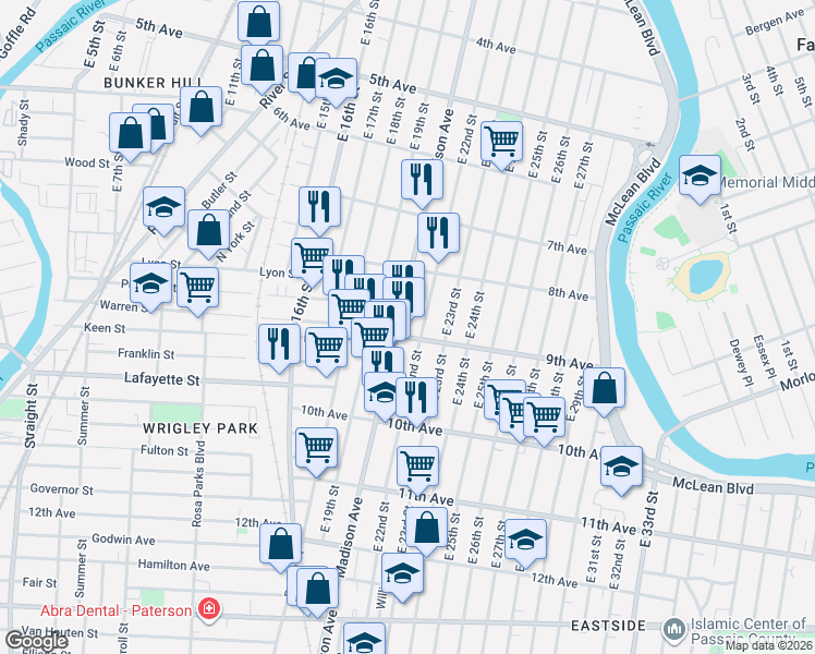 map of restaurants, bars, coffee shops, grocery stores, and more near 384 Madison Avenue in Paterson