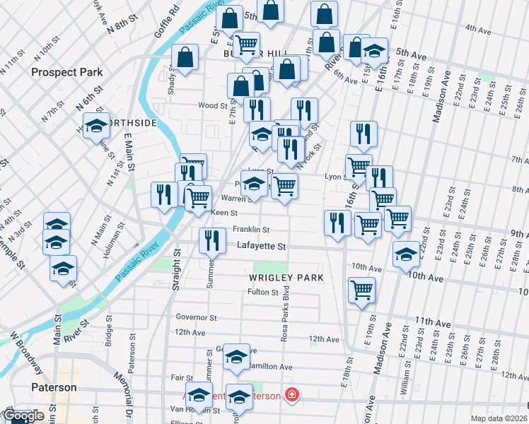 map of restaurants, bars, coffee shops, grocery stores, and more near 98 Warren Street in Paterson