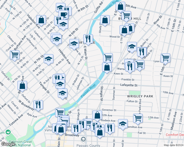 map of restaurants, bars, coffee shops, grocery stores, and more near 44 Watson Street in Paterson