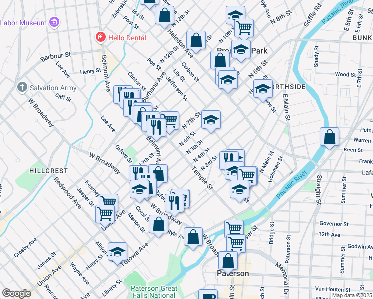 map of restaurants, bars, coffee shops, grocery stores, and more near 71-73 North 5th Street in Paterson