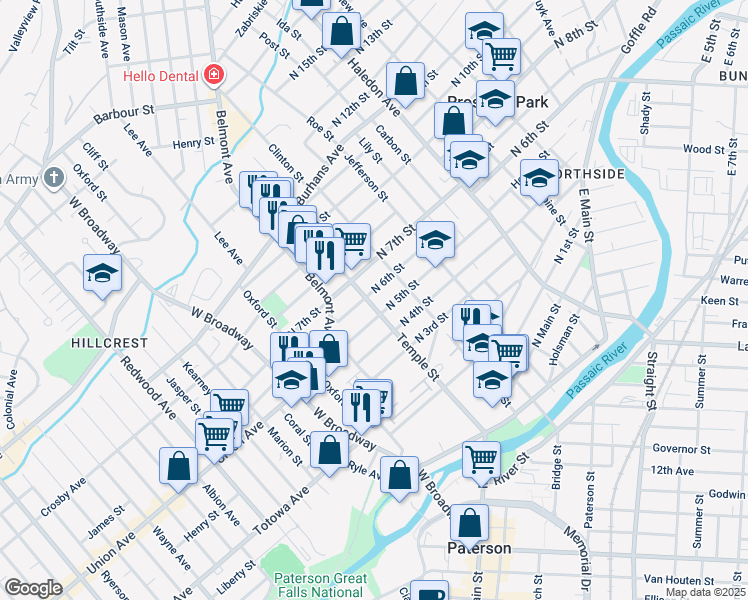map of restaurants, bars, coffee shops, grocery stores, and more near 49 North 6th Street in Paterson