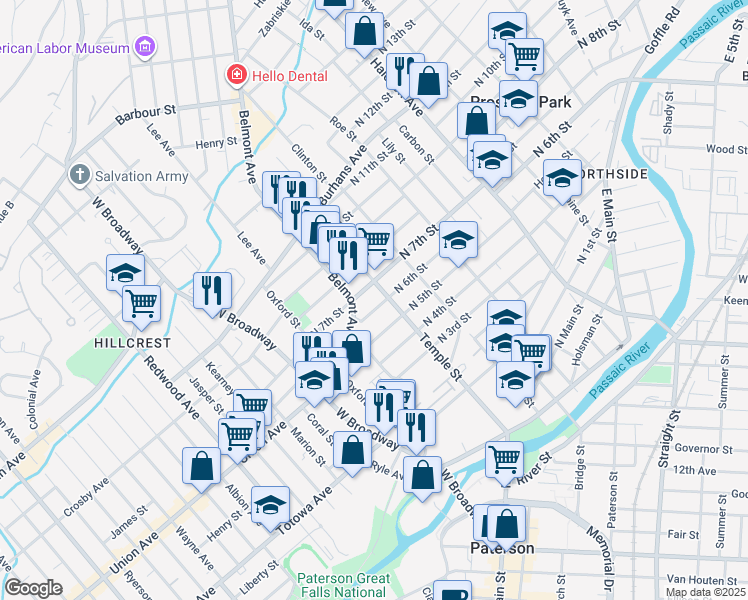 map of restaurants, bars, coffee shops, grocery stores, and more near 49 North 6th Street in Paterson