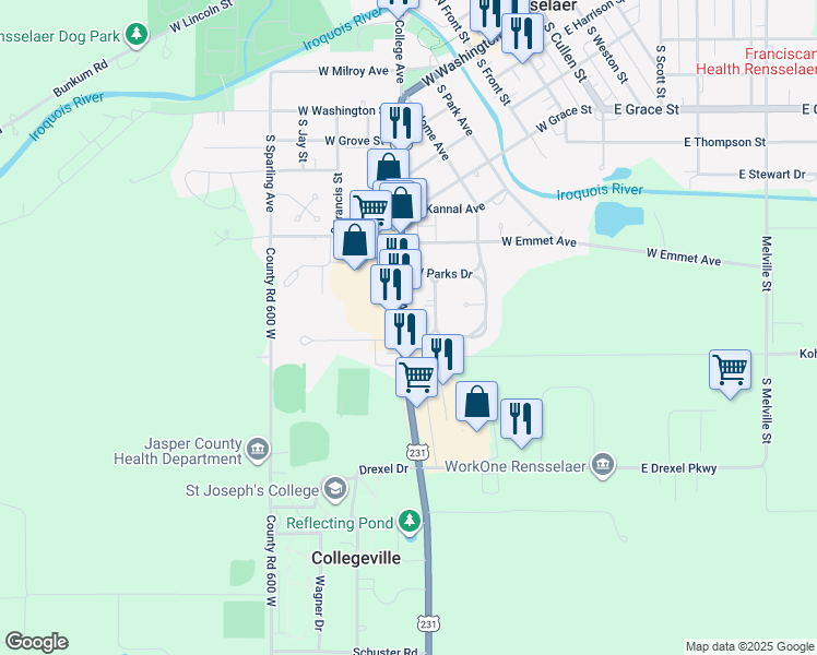 map of restaurants, bars, coffee shops, grocery stores, and more near 693 S College Ave in Rensselaer
