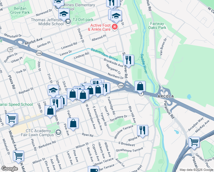 map of restaurants, bars, coffee shops, grocery stores, and more near 39 Dobrin Court in Fair Lawn