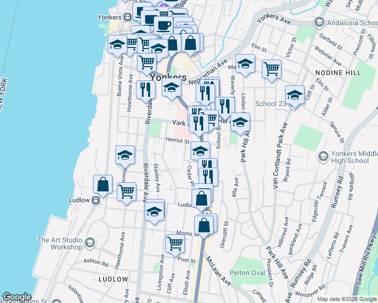 map of restaurants, bars, coffee shops, grocery stores, and more near 35 Caroline Avenue in Yonkers