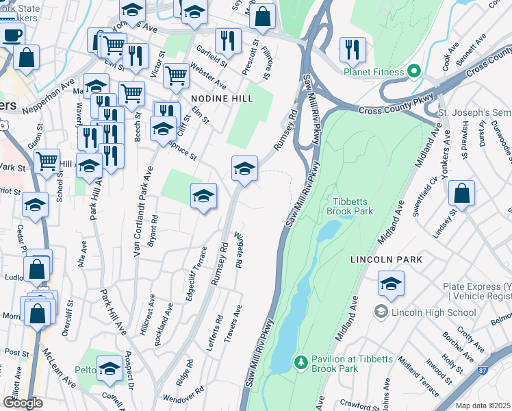 map of restaurants, bars, coffee shops, grocery stores, and more near 27 Truesdale Place in Yonkers