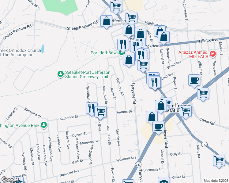 map of restaurants, bars, coffee shops, grocery stores, and more near 29 Jarvin Road in Port Jefferson Station