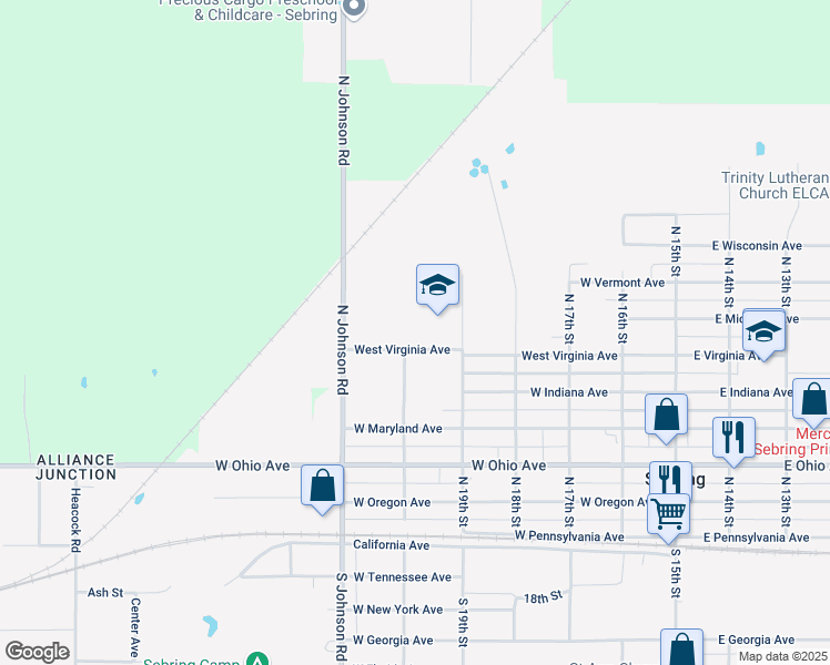 map of restaurants, bars, coffee shops, grocery stores, and more near 506 West Virginia Avenue in Sebring