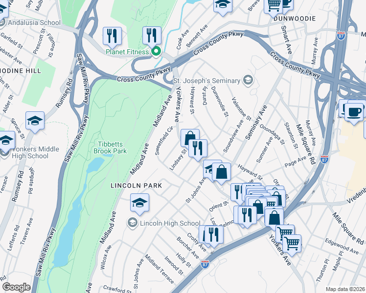 map of restaurants, bars, coffee shops, grocery stores, and more near 590 Yonkers Avenue in Yonkers