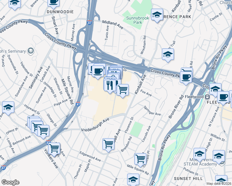 map of restaurants, bars, coffee shops, grocery stores, and more near Xavier Drive in Yonkers