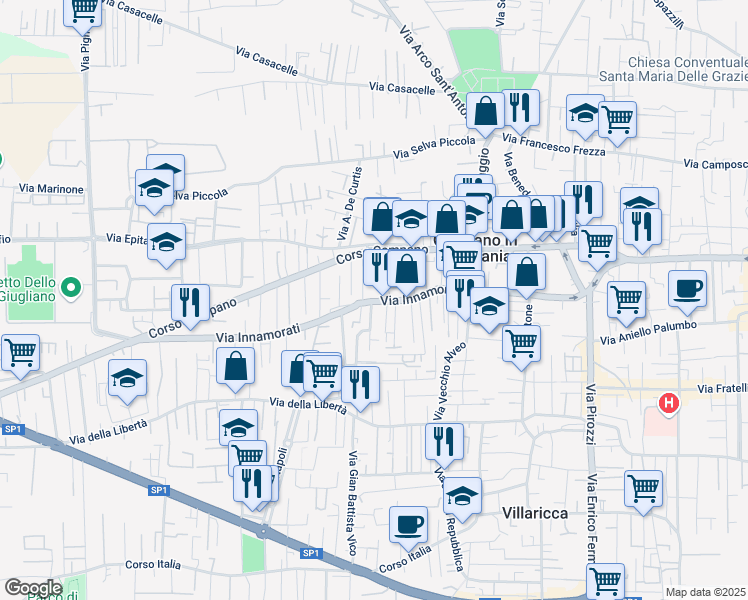 map of restaurants, bars, coffee shops, grocery stores, and more near 108 Via Innamorati in Giugliano in Campania