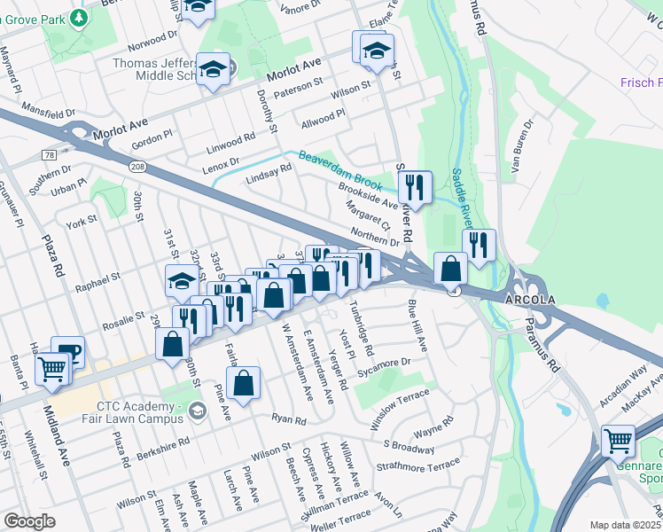 map of restaurants, bars, coffee shops, grocery stores, and more near 2 Virginia Drive in Fair Lawn