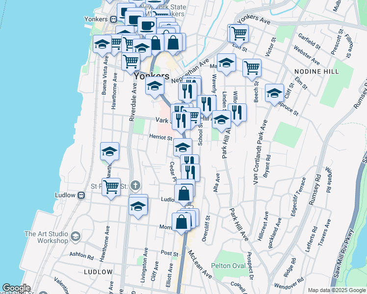 map of restaurants, bars, coffee shops, grocery stores, and more near 180 U.S. 9 in Yonkers