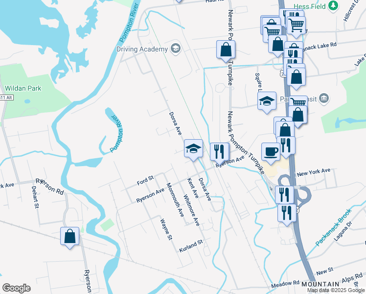 map of restaurants, bars, coffee shops, grocery stores, and more near 159 Dorsa Avenue in Wayne