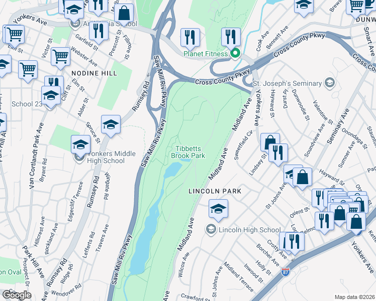 map of restaurants, bars, coffee shops, grocery stores, and more near 355 Midland Avenue in Yonkers