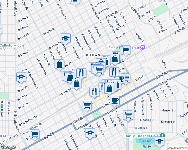 map of restaurants, bars, coffee shops, grocery stores, and more near 404 West 4th Street in Grand Island