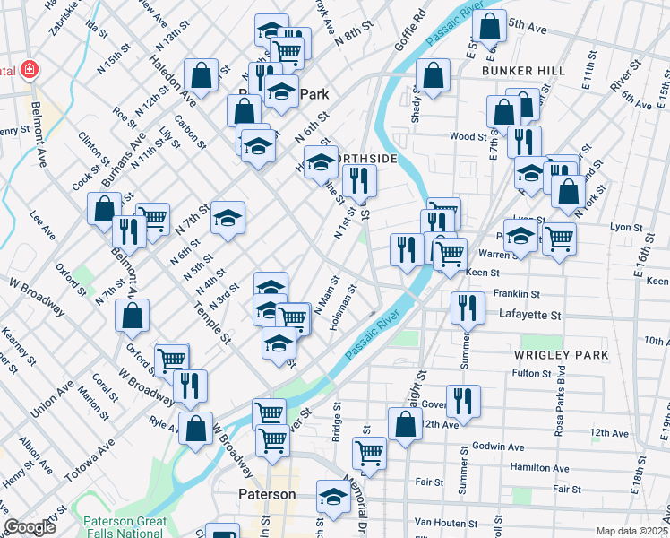 map of restaurants, bars, coffee shops, grocery stores, and more near 150 North Main Street in Paterson
