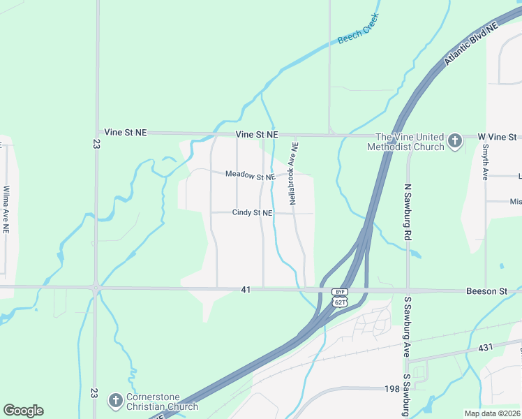 map of restaurants, bars, coffee shops, grocery stores, and more near 13467 Cindy Street Northeast in Alliance