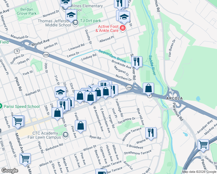 map of restaurants, bars, coffee shops, grocery stores, and more near 3809 Dobrin Court in Fair Lawn