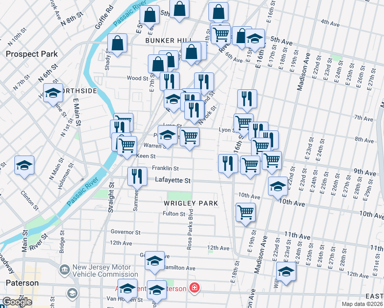 map of restaurants, bars, coffee shops, grocery stores, and more near 41 Rosa Parks Boulevard in Paterson