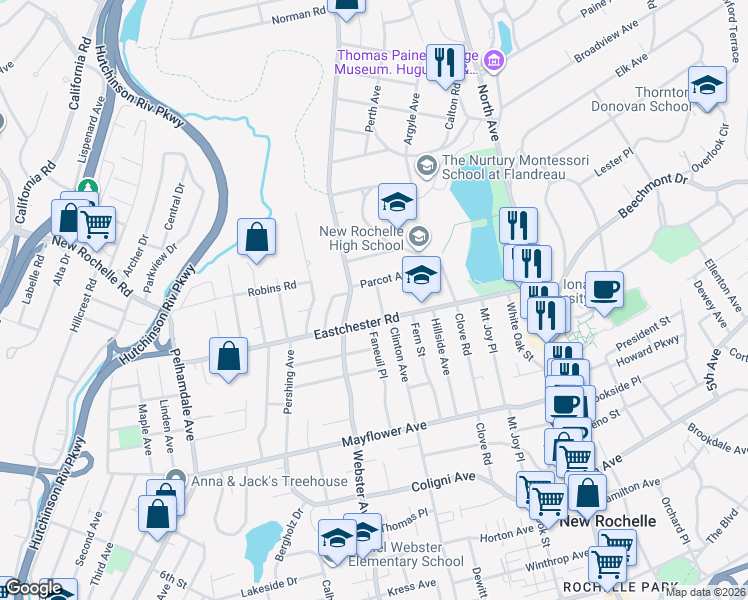 map of restaurants, bars, coffee shops, grocery stores, and more near 74 Parcot Avenue in New Rochelle