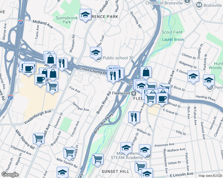 map of restaurants, bars, coffee shops, grocery stores, and more near 829 Bronx River Road in Yonkers