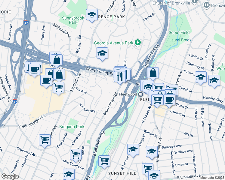 map of restaurants, bars, coffee shops, grocery stores, and more near 829 Bronx River Road in Yonkers