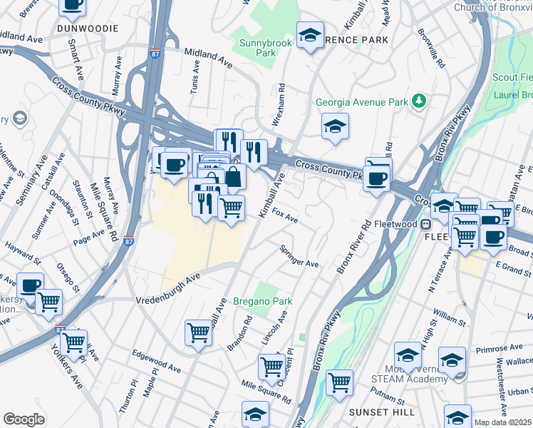 map of restaurants, bars, coffee shops, grocery stores, and more near in Yonkers